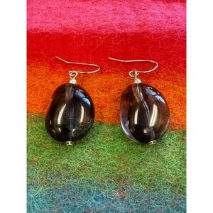 Faux Smoky Quartz Pebble Drop Earrings Translucency Dark Stone Silver Tone